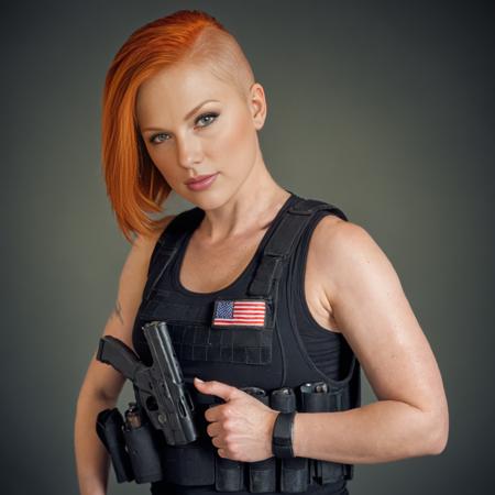 a beautiful woman with orange hair, black tank top, holster, shaved head, dusty, bullet proof vest, combat gear,
