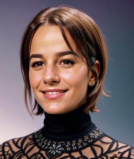 girl, neutral background, upper body, smile, detailed eyes, Spectacular light, bloom, Intricate details, turtleneck, breast, (close up), Short hair