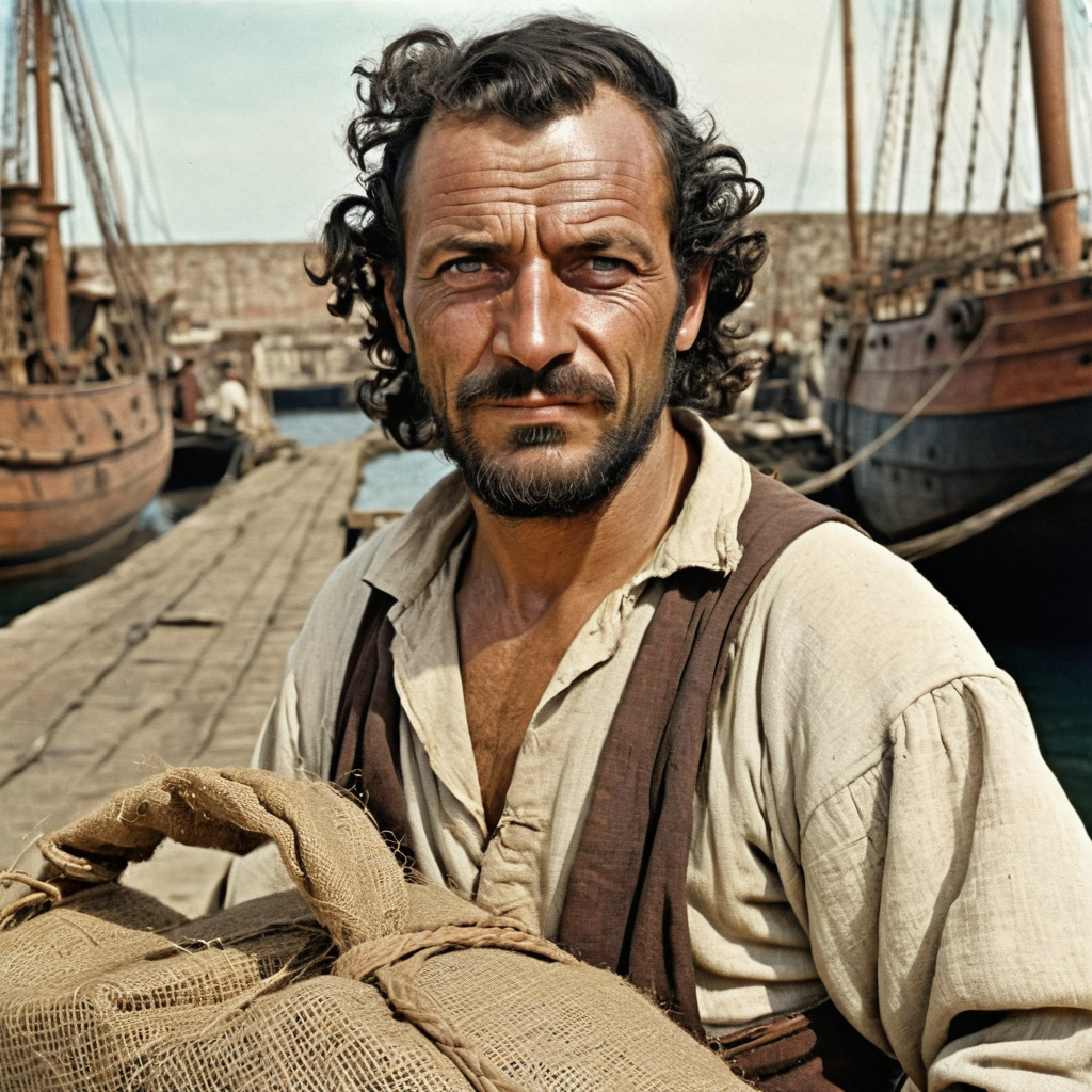 a medieval rugged man , burlap packages, shipyard docks, Spanish galleon, twill peasant clothes, (faint of enigmatic smile:0.25), looking at viewer, eye contact, portrait, vintage photo, 