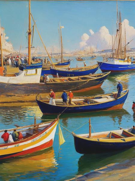 <lyco:WilliamMcTaggart:1.0> Generate a painting in the style of Joaqun Sorolla that depicts a marine scene with fishermen and sailboats in a fishing port. The scene takes place on the coast of Valencia, where a bustling fishing community thrives. In the foreground, fishermen in their traditional attire can be seen unloading their catch from colorful fishing boats. The port is filled with activity, as fishermen mend their nets, sort their fish, and prepare for the next voyage. Sailboats and other vessels are scattered throughout the harbor, adding to the maritime atmosphere. The sea stretches peacefully towards the horizon, reflecting the soft hues of the sky. The style of the painting should reflect Sorolla's signature style, characterized by lively brushstrokes and vibrant colors. Pay attention to capturing the unique textures of fishing nets, the reflections of sunlight on the water, and the intricate details of the fishing boats. Convey the sense of livelihood and camaraderie among the fishermen, as well as the timeless beauty of the fishing port. Let the painting transport viewers to the enchanting world of Valencia's fishing community, capturing the spirit of the sea and the rich maritime heritage in every stroke!