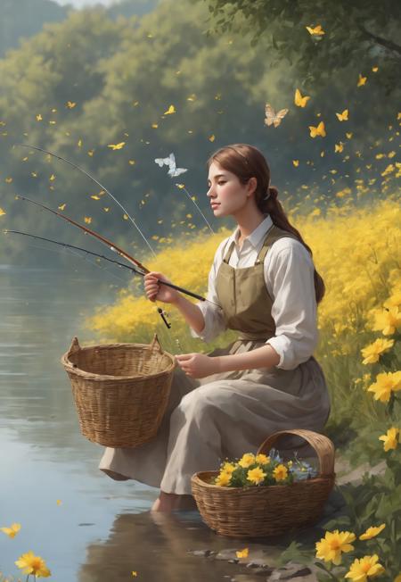 (highres lowres:1.07) (a young woman on the river bank fishing with a fishing rod, a bush with yellow flowers blooms nearby, a basket with caught fish stands on the ground, butterflies fly in the air)