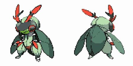 bug wearing a blindfold green bugtype pokemon white background front and back pixel art