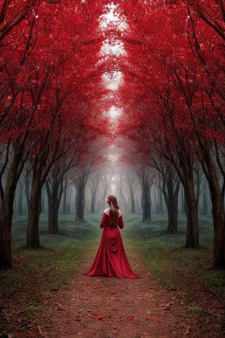 a captivating and intricate image where the central theme is the color red, one of the primary colors. The setting is a small, enchanted forest clearing in a fantasy world, illuminated by a soft, red twilight. In the center of the clearing is a delicate, ornate red glass lantern, casting a warm, glowing light that subtly highlights the surrounding flora and fauna. Tiny, mythical creatures, such as fairies or sprites, each with hints of red in their wings or attire, are seen fluttering around, adding a sense of magic and whimsy to the scene. The vegetation, though predominantly green, has touches of red - like red-tinged leaves or small, ruby-like berries. This intimate and magical scene should be rich in detail, showcasing the beauty and depth of the color red in a fantastical context  <lora:more_details:0.7>