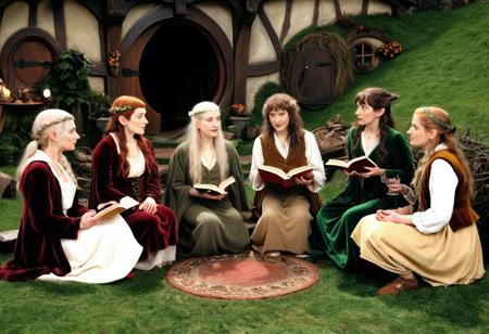 A group of hobbit ladies having a book club meeting.
