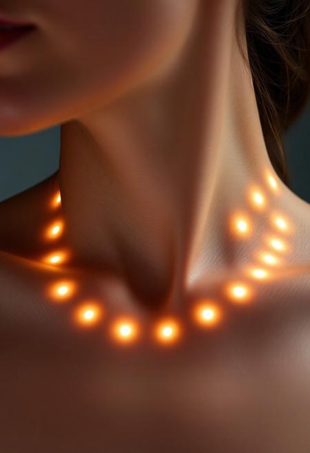 subdermal LED halo necklace, (internal LED glow:1.7), (embedded LEDs:1.8) forming evenly spaced glowing rings beneath the skin, (radiant circular light patterns:1.6) surrounding the neck, soft, diffused light radiating outward from the collarbone, (delicate glowing halos:1.6) mimicking the elegance of a classic halo necklace, (natural skin tone:1.5), high-definition, (ultra-realistic skin texture:1.8), smooth light transitions, seamless integration of light beneath the skin, (no visible jewelry:1.8), (worn necklace:-1.8), (chains:-1.8), perfect for formal and casual settings, modern and timeless elegance, radiant yet minimalist design