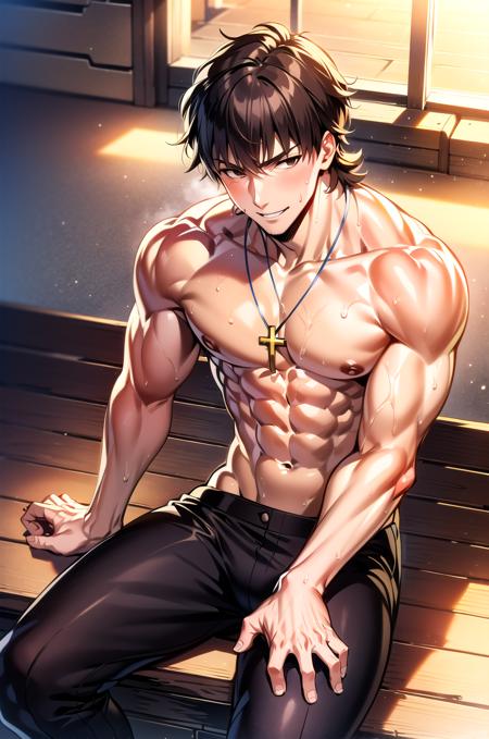 (masterpiece, best quality, detailed), boy, male focus, muscular, sitting, bench, sweat, indoors, topless male, smile, kotomine kirei, black pants, cross necklace