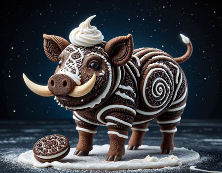 Magic realism painting art style of a brown cookie-shaped warthog with a textured swirl pattern, standing on four small legs. The warthog has large white tusks and a cylindrical snout with a round opening. On its head is a small brown cookie with a cute round face, sitting inside a glass jar filled with white icing. To the left of the warthog is a smaller cookie-shaped pig with a similar swirl pattern and a white snout, standing on two legs. surreal compositions, vibrant colors, blurs the line between reality and fantasy, made of creamy cookies SDXLposXL,