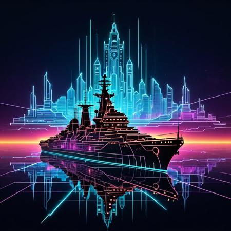 The outline of a battleship, through the outline the viewer can see a surreal post-apocalyptic digital neon city, sky glitched, double exposure,