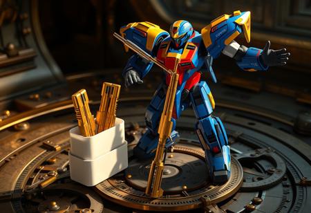 a vibrant blue & gold mecha with red chest stands on a detailed clockwork surface, arms outstretched, holding a golden weapon. Beside it, a sleek white container houses two more golden weapons. The scene is a hyperrealistic tableau of tense anticipation, rendered in volumetric light & dramatic shadows. Cinematic lighting, Unreal Engine 5, Octane render, trending on ArtstationHQ. Matte painting, splash ink illustration. Golden Ratio composition. 4k, high detail.
