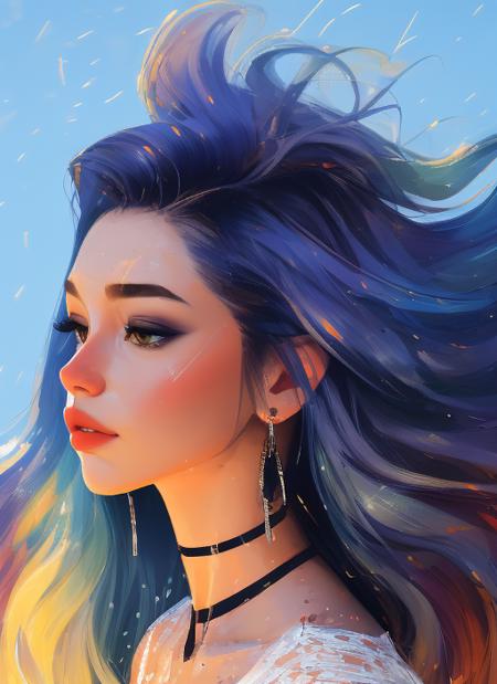 samdoesarts style award winning half body portrait of a beautiful woman in a croptop and cargo pants with ombre navy blue teal hairstyle with head in motion and hair flying, paint splashes, splatter, outrun, vaporware, shaded flat illustration, digital art, trending on artstation, highly detailed, fine detail, intricate