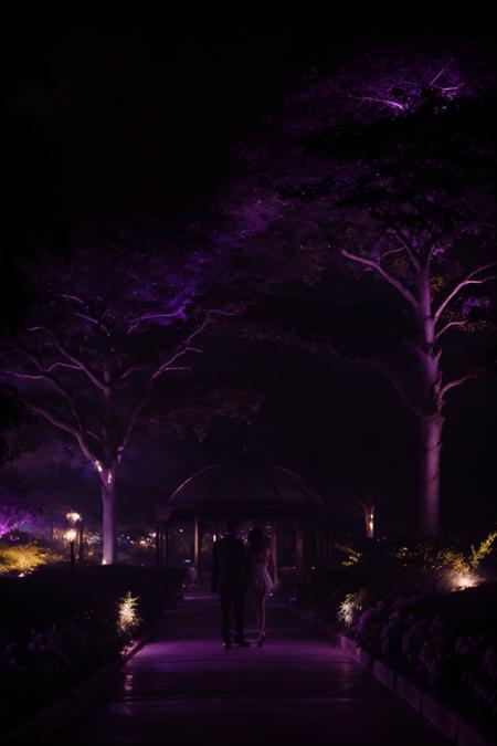 botanical garden at night with couple walking in the distance, cinematic film still, purple hue, dark, dramatic lighting, low key, dimly lit, bokeh, dreamy, soft focus <lora:euphoriaStyleV19-000006:0.7> <lora:epiNoiseoffset_v2:0.5>