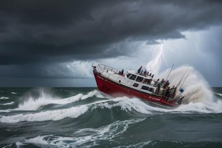 Ultra-realistic photo of half dozen disciples of Jesus panicking under heavy storm, their single masted fisherman sailboat in the middle of an agitated sea,  dramatic lighting, detailed waves crashing against the boat, terrified expressions, wind and rain splashing, intense, ominous atmosphere, expressions of fear and desperation, powerful contrast between dark stormy sky and tumultuous sea, vibrant colors, high-res, masterful strokes, capturing the emotions of the disciples as they struggle to keep the boat afloat, dynamic composition, waves crashing over the boat, chaotic scene, strong waves encompassing the boat, the boat tipping precariously, lightning illuminating the scene, dark clouds engulfing the sky, sense of danger and vulnerability, torrential rain pouring down, the boat rocking violently, disciples clinging to the edges, their clothes drenched in water, fear-stricken faces, expressions of faith and hopelessness intertwined, realism, tension-filled narrative, a test of faith.