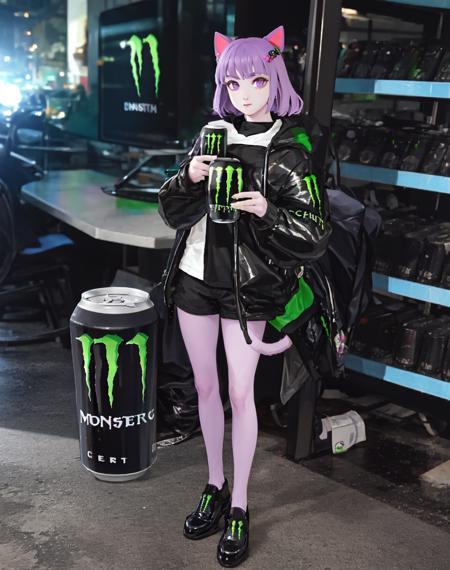 realistic full body photo of a masunya, (purple skin color:1.1),  cat ears, (holding monster energy:1.2),  monster energy, focus monster energy,   <lora:my_LoRA_masunya_v3:0.7>   <lora:my_LoRA_monsterEenergy_v2:0.5>