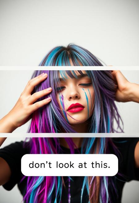 young lady dying hair with plastic paint joke text "don't look at this"  in panels