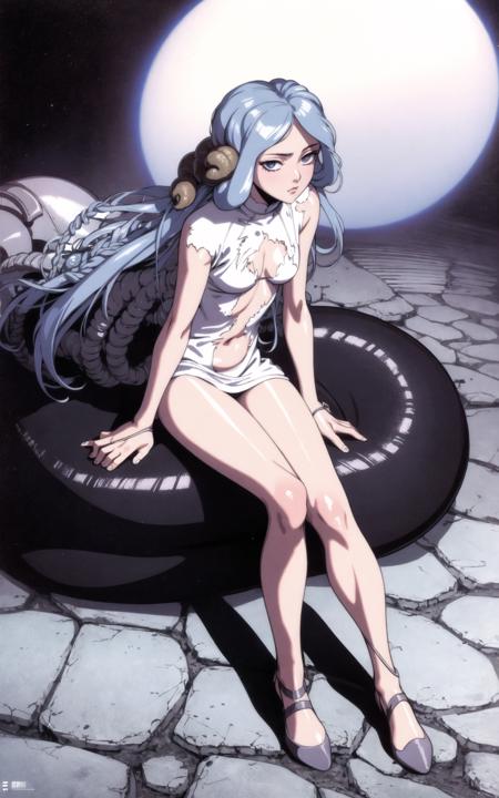 slan (berserk), 1girl, solo, very long hair, torn clothes, torn legwear, 1990s \(style\), full body, sitting, snail hair