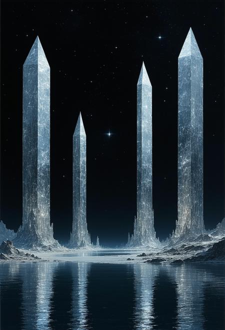 Worm's-eye view: Colossal chrome obelisks, straight lines piercing still, black water. Sharp metallic sheen mirrors an alien lagoon beneath a star-filled void; immense scale evoking cosmic dread. Style of Beksiński, Giger; lighting by Deakins, dramatic chiaroscuro. Monochromatic deep indigos, cold silvers; faint, ominous starlight casting long, distorted reflections on flawless polished metal, slick water. Oppressive ancient silence. Subtle geometric starlight aberrations, ripples from unseen movement.