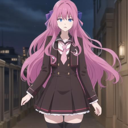 (masterpiece, best quality:1.2),illustration,8k,hd,city,1girl,solo,long_hair,blue_eyes,thighhighs,dress,school_uniform,pink_hair,purple_hair,hair_bow,necktie,<lora:Diana Diafil-V1:0.9>,,