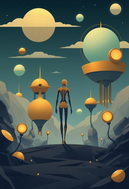 Modern flat design illustration featuring a two-dimensional, elongated human figure walking through a surreal landscape of biomechanical structures, floating spheres, and glowing orbs.  Simple shapes, gold, blue, and bronze colors, infinite sky, organic and mechanical fusion.