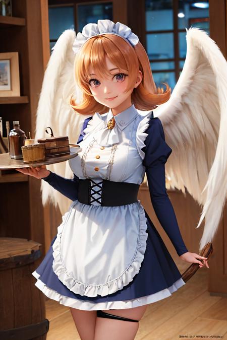 (masterpiece, best quality:1.2), <lyco:interspeciesreviewers_meidri-10:1.0>, cowboy shot, solo, 1girl, meidri, smile, looking at viewer, holding tray, maid headdress, maid, dress, long sleeves, puffy sleeves, apron, thigh strap, bird legs, feathered wings