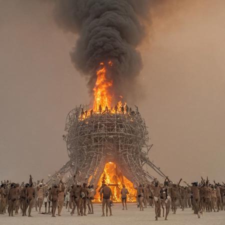 burning man festival rituals depicting huge mobs with pilgrims clothing contemplating the huge fire of the main sculpture