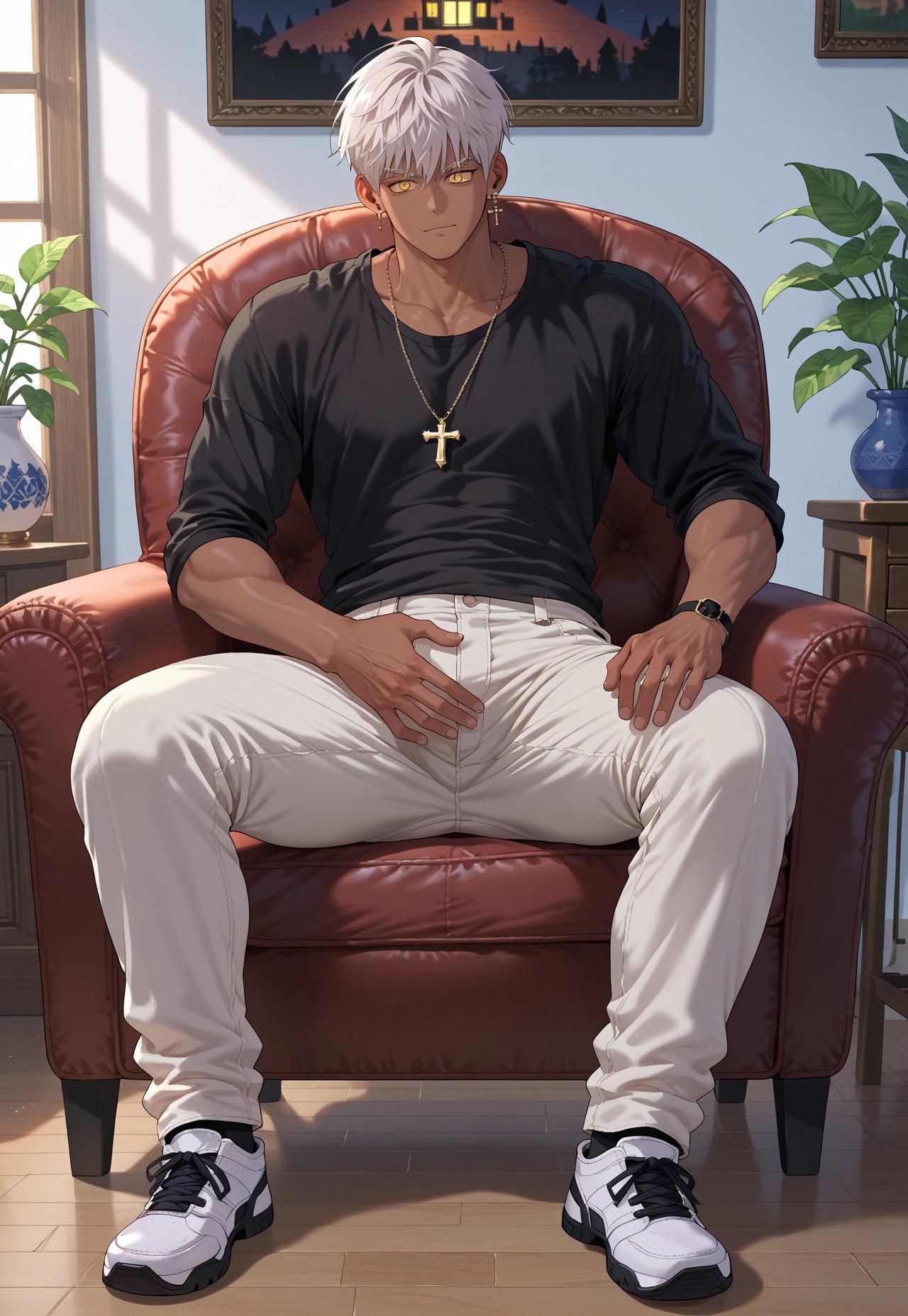 zPDXL3, score_9_up, score_8_up, score_7_up, (Anime_source), 1boy, solo, very handsome white hair tanned skin boy, yellow eyes, white hair, long hair, curly hair, long curly hair, tanned skin boy, wearing a black shirt and white cargo pant, (((wearing black shirt, white cargo pant))), short neck, cross necklace, cross earrings, cowboy shot, full body, nighttime, (((sitting on a chair, haunted house in the nighttime background))), nighttime, hand holding a gun, uzi, male focus, <lora:abs slider_last:2>, athletic build, six-packs abs, pecs, <lora:add_detail:0.3>, handsome boy, athletic body, manly boy, toned body, toned, perfect face, (perfect face, perfect eyes:1.2), bishounen, athletic build, large pectorals, abs, pecs, cute boy in his mid twenties, detailed body, huge muscular body 