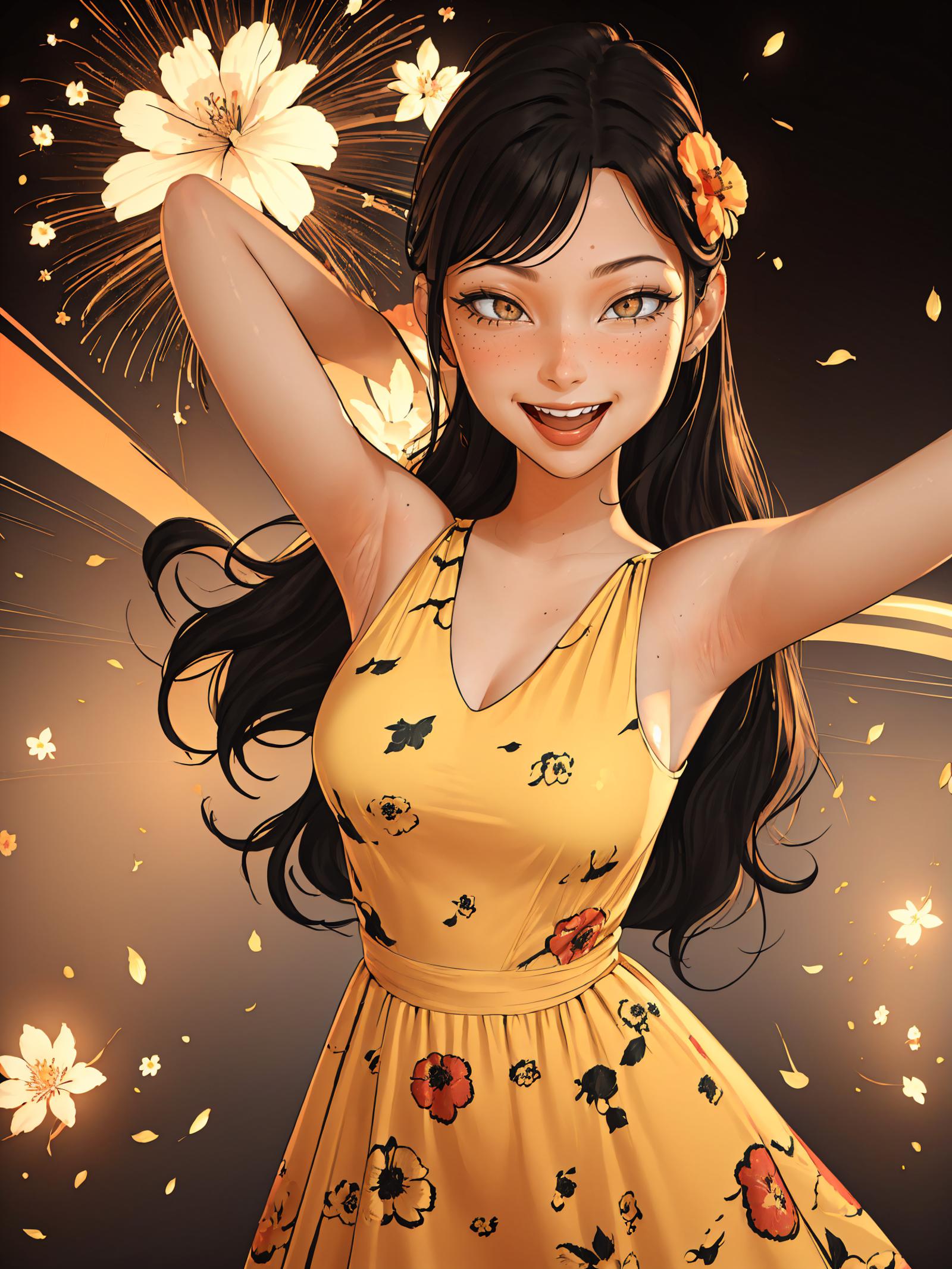 A beautiful young woman wearing a yellow dress with red flowers, smiling and looking at the camera.