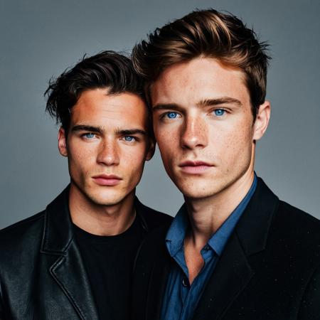 A close-up portrait photograph of two young men positioned side by side against a solid medium gray background with no additional elements. The man on the left has dark black hair styled to one side, falling over his forehead in soft waves, and fair skin with visible moles or freckles. He is wearing a black jacket with a visible collar and buttoned placket. His expression is neutral with slightly parted lips as he looks directly at the camera. The man on the right has short brown hair that appears slightly damp or tousled, transitioning to lighter shades on top. He has striking piercing blue eyes and light peach skin. His expression is also neutral with a slight frown as he gazes intently at the camera. He's dressed in a black blazer over a black shirt. Both subjects have their faces turned slightly towards each other, creating a sense of connection between them. The lighting is soft and even, highlighting their facial features without casting harsh shadows, creating a balanced exposure with natural colors. The composition focuses primarily on their faces, capturing intricate details such as pores and subtle textures like fine lines above their foreheads. The overall mood of the photograph is serious and contemplative, emphasized by the direct eye contact and minimal background distractions.