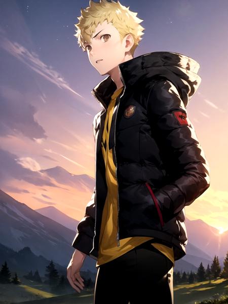 masterpiece, best quality, 1boy, solo, male focus, dsryuuji, blonde hair, short hair, brown eyes, jacket, pants, standing, outdoors, mountain pass, sunset, lens flare, cowboy shot, (soejima shigenori, persona 5:0.6)
 <lyco:dsryuuji_lc_768:1>