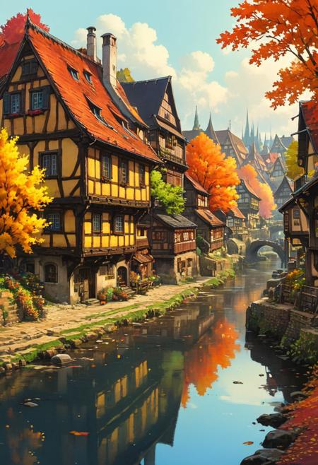 Image is a digital artwork, A peaceful small river with old Alsatian village, half-timbered houses, at autumn, small trees, nime,cyberpunk. (Studio Ghibli)