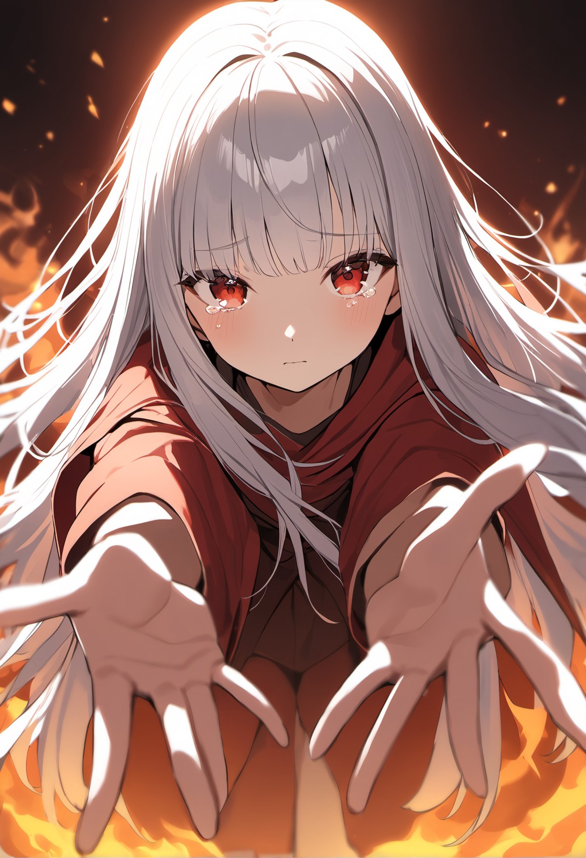 1girl,  reaching towards viewer,  fire background, cute, red cape, red eyes, silver hair, very long hair, tears, very aest...