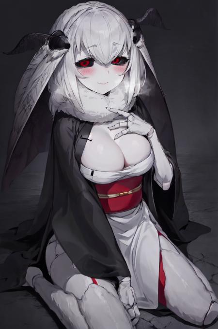 mashiro, white hair, medium hair, red eyes, extra arms, joints, fewer digits, white skin, colored skin, colored sclera, black sclera,
BREAK white kimono, red sash, obi, large breasts, cleavage, side slit, light smile, haze, gray brick wall, empty eyes, horror (theme), half-closed eyes, blush, heavy breathing
BREAK (black cloak, cloak, open cloak:1.1), wariza, hand on own chest
 <lora:mashiro-47:1>