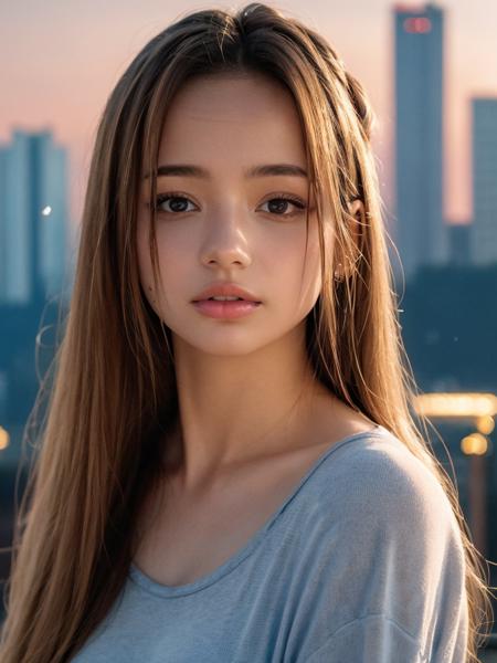 a close-up photo of 1girl, <lora:karnaval_v1c:0.9>, Karnaval, long hair,  cityscape of Tokyo, cozy, sunset, bokeh, depth of field, <lora:add_detail:0.7>, <lora:FilmVelvia3:0.3 >, <lora:real_skin:0.4>