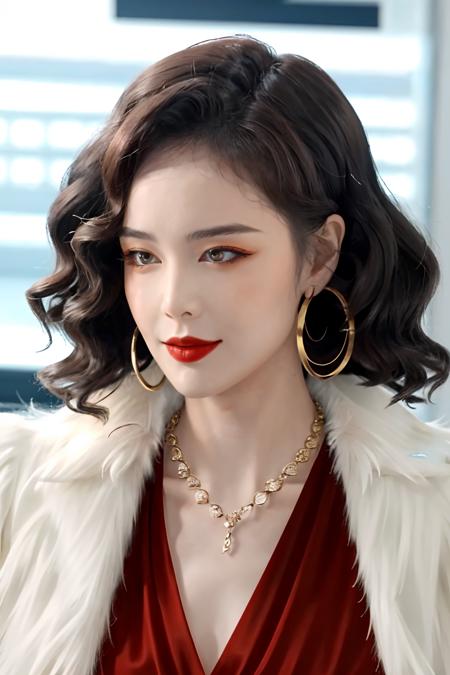 masterpiece,realistic,photorealistic,best quality,ray tracing,Cinematic Lighting,highres,1girl,light smile,lipstick,colorful eyeshadow,full-face blush,brown hair,medium hair,naturel breasts,standing,( red long dress:1.2),(fur coat:1.4),Haute Couture,gem,watch,corsage,jewelry,shiny skin,thighs,gold necklace,hoop earrings,cst ds,<lora:cst realistic_V1:0.7>,