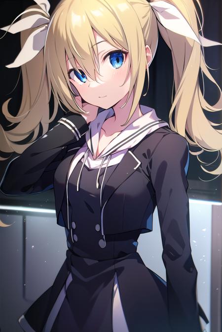 hinaearimura, <lyco:hinaearimura-LYCORIStest:1>,
hinae arimura, long hair, bangs, blue eyes, blonde hair, hair between eyes, twintails, hair ribbon, white ribbon, ribbon,
BREAK thighhighs, long sleeves, dress, collarbone, jacket, hood, black footwear, black dress, white thighhighs, zettai ryouiki,
BREAK looking at viewer, hands behind head,
BREAK indoors, classroom,
BREAK <lora:GoodHands-vanilla:1>, (masterpiece:1.2), best quality, high resolution, unity 8k wallpaper, (illustration:0.8), (beautiful detailed eyes:1.6), extremely detailed face, perfect lighting, extremely detailed CG, (perfect hands, perfect anatomy),