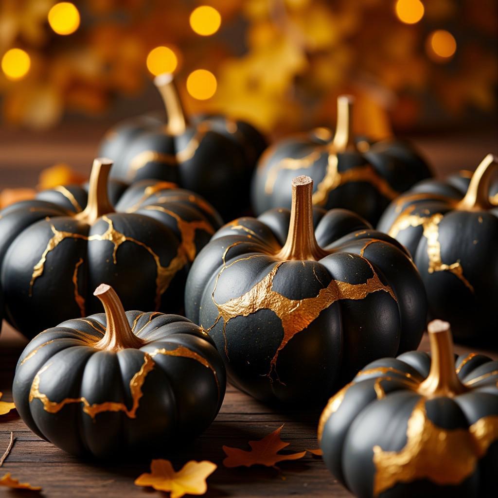 A close-up bokeh shot of pumpkins composed of black and gold cracked golden joinery, fall decor, professional photograph, a background of gilded leaves