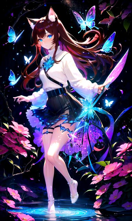 (masterpiece, best quality, highres), 1girl, raifu, solo, pov, full body,
BREAK
dark background, black background, depth of field
fractals, lineart background, colorful background, flowers, petals,
rim lighting, crystals, butterfly, vegetation, aura, magic, water,
BREAK
dark red hair, (long hair:0.8), blue eyes, straight hair, cat ears,
(medium breasts:0.8), mature female, white sweater,