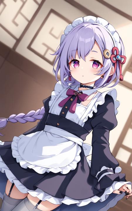 gen-qiqi red purple_eyes, bangs, lightpurple hair, braided ponytail, black nails, flat cheast hair_ornament, ofuda qing_guanmao, jiangshi, dark purple hat, necklace, dress, long_sleeves, white shorts, white_legwear bandaged_leg, thighhighs