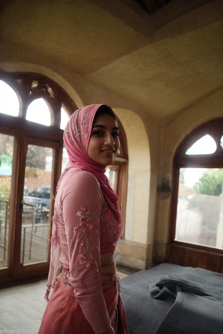 detailed home, candid, amateur, domestic, unposed, everyday, clean, living room, (london:1.4), (arabic ornaments:1.2), (islamic art:1.2), (modern tones:1.1), stylish, (chic:0.9), wooden floor, interior design, walls, artwork, windows, ceiling light, alcove, homely, domestic, welcoming, , purple, pink, beige, (suburbs view through window:1.2), (Clutter-Home:0.9), BREAK,
 (pakistani hijabi woman:1.2), knowing smile, teeth, looking away, (blushing:1.2), coy, shy, playful, captivating, <lora:retromanba:0.3> Yamanba (dark skin), indoors, sensual, pastel walls, <lora:AmateurMadnessREMIX-20:0.5>, <lora:left side position,:0.7> lside, left side , eyeliner, thin lips, small eyes, <lora:real_skin:0.5> skin, , , , stunning, 50yr old, aged skin, saggy, curvy,  <lora:Desi_Coffee_V3_SD15_LoRA_prodigy_local_regs_0423:0.4>  desimocha, (dglatte:0.4), 
 <lora:add_detail:0.5> <lora:tight_clothes_v1:1.5> <lora:HD Horizon v1_0:0.5>, RAW photo, 8k uhd, dslr, soft lighting, high quality, film grain, Fujifilm XT3, lr, back side view, low angle, posed, profesional, epic, stylistic, epic, closeup, selfie, wearing ornate,embroidered chiffon longsleeve  pink saree