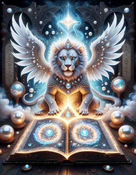 A masterpiece of ultra-realistic 8K digital art depicting a winged lion made of Pearlum emerging from a mesmerizingly beautiful ancient grimoire.
Unfolded manuscript with mysterious bioluminescent knowledge,
Mysterious smoke rising from the grimoire,
runes and sigils,
detailed depiction,
glowing with a mysterious light in the darkness,
dark background,
(((mystical surrealism)))),
Artstation hot topic,
ultra-detailed and intricate background,
double exposure,
artistic masterpiece with attention to detail,
(romantic surrealism),
(((intricate detail))),
high detail,
perfect proportions,
sharp focus,
microscopic details,
complex and fascinating (((masterpiece)))),
pure perfection,
close-up scene,
ultra-detailed and atmospheric detail,
intricate masterpiece,
rich colors,
ultra-high definition background <lora:Pearlum_World_Morph:1> Pearlum,<lora:imagination_v666-000019:0.6> q2wz2, <lora:aidmaImageUpgraderSDXL-v0.3:0.8> aidmaImageUpgrader