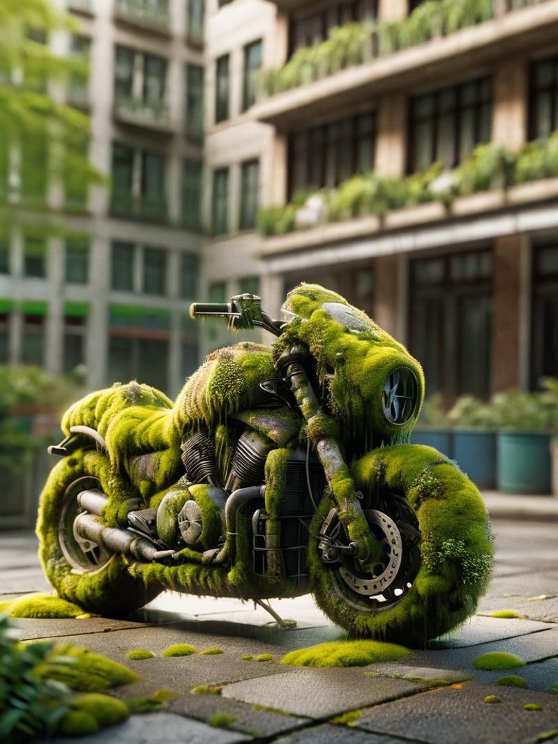 A moss-covered motorcycle parked in front of a building.