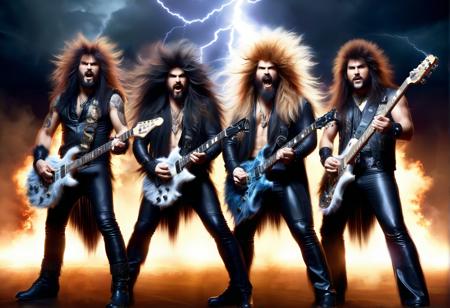 hyper detailed masterpiece, dynamic realistic digital art, awesome quality, DonMH41rXL a hair metal band with hairy dudes rocking the stage with DonMH41rXL hairy guitars, mist, lightning, thunder, fire!, everything made of DonMH41rXL HAIR! 