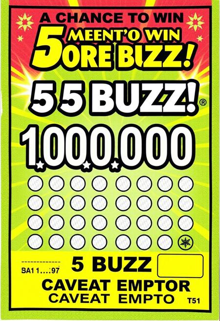 a 5 BUZZ scratch off lottery ticket where the prize is 1,000,000,000 BUZZ, it says " A CHANCE TO WIN MORE BUZZ ! " at the top of the flashy ticket, The price is " 5 BUZZ ". at the bottom of the ticket it says " CAVEAT EMPTOR ".