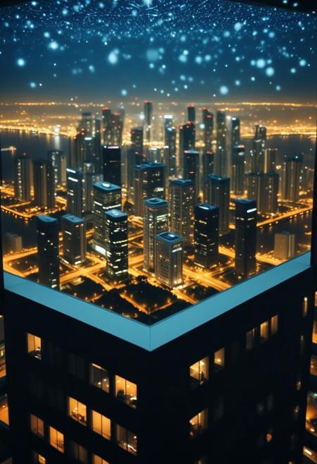 microworldslora, analog photo, View from a room in a high-rise building, skyscraper in the vast night megalopolis, ( Unmanned:1.2), starry sky,