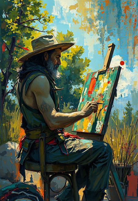 An artist painting outdoors, surrounded by light and color, yet their fragmented brushstrokes and shifting focus suggest a mind caught between order and transformation., storytelling and character-driven narratives, the piece encapsulates a sense of depth, emotion, and intrigue, featuring dynamic figures, rich textures, and a vibrant color palette that immerses viewers in a world of imagination and creativity