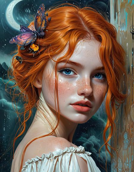 _cuteredhead_ ,  masterpiece, 1girl, solo, long hair, looking at viewer, blue eyes, hair ornament, bare shoulders, red hair, parted lips, sky, artist name, cloud, orange hair, from side, eyelashes, lips, night, moon, portrait, bug, butterfly, night sky, freckles, butterfly hair ornament, realistic, crescent moon, body freckles