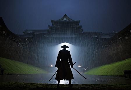 Amidst the grandeur of Edo Castle, rain cascades down under the cover of night, as a lone samurai stands resolute, his silhouette outlined against the dramatic backdrop, captured in a professional portrait with a moody lighting, embodying the essence of epic valor and stoic determination.