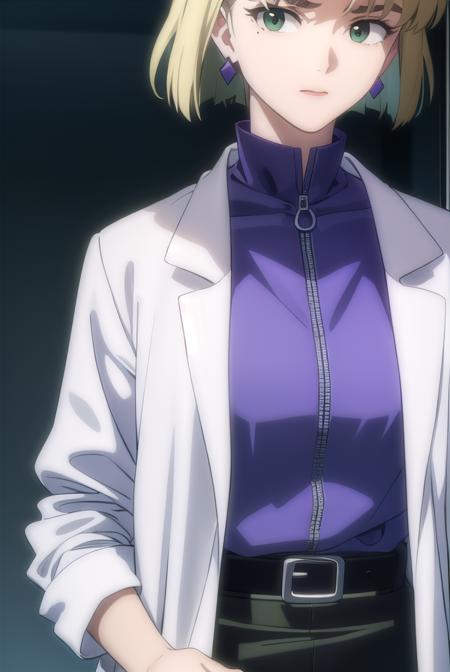 ritsukoakagi, <lyco:ritsuko akagi rebuild-lyco-nochekaiser:1>,
ritsuko akagi, short hair, blonde hair, mole, mole under eye, (parted bangs:1.5), (green eyes:1.5),
BREAK lipstick, skirt, jewelry, pantyhose, earrings, belt, pencil skirt, labcoat, shirt, purple shirt, turtleneck, zipper,
BREAK indoors, laboratory,
BREAK looking at viewer, (cowboy shot:1.5),
BREAK <lyco:GoodHands-beta2:1>, (masterpiece:1.2), best quality, high resolution, unity 8k wallpaper, (illustration:0.8), (beautiful detailed eyes:1.6), extremely detailed face, perfect lighting, extremely detailed CG, (perfect hands, perfect anatomy),