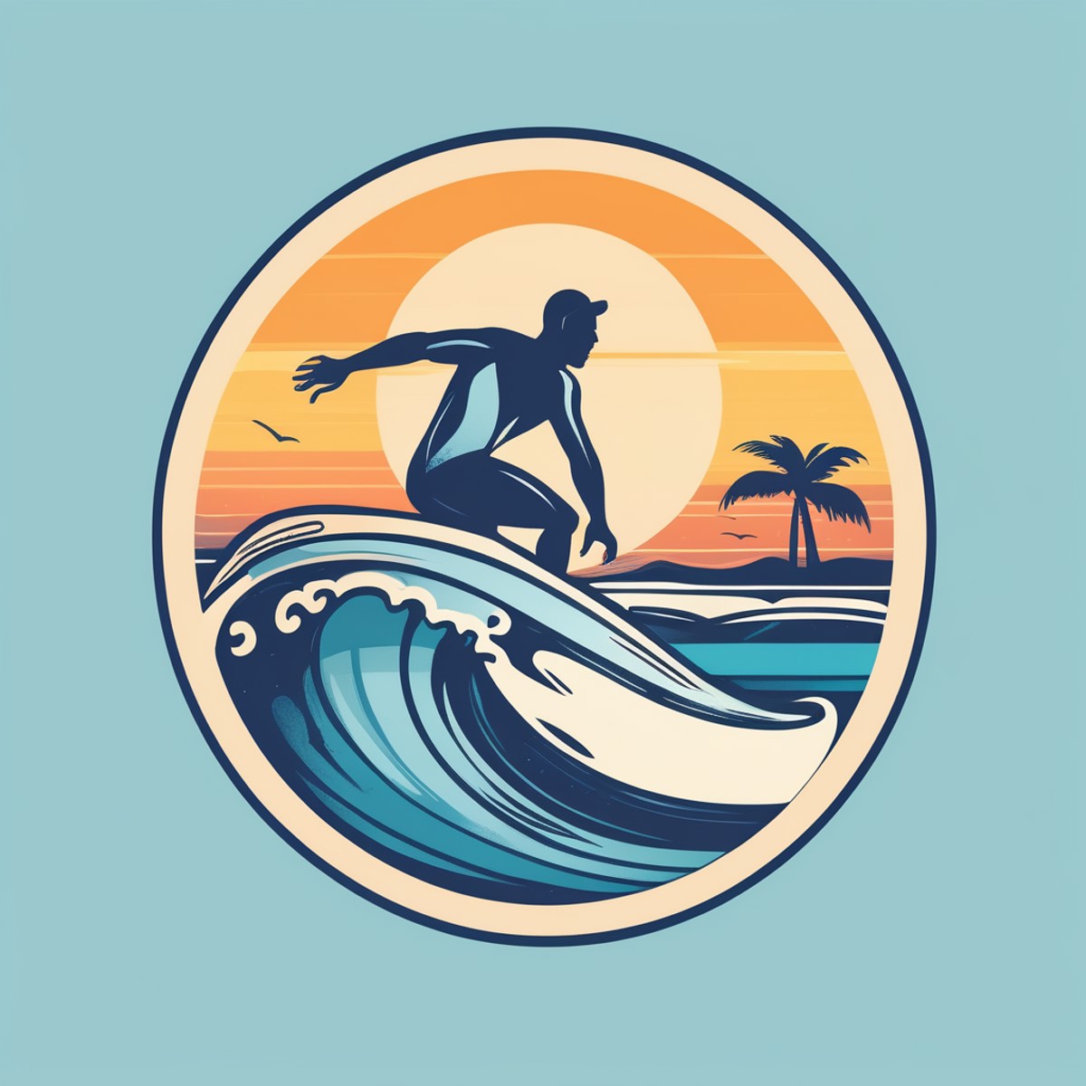 A logo for a surf school, surfer riding a wave, beachy and ocean-inspired colors., LogoRedAF, <lora:LogoRedmond_LogoRedAF:1>