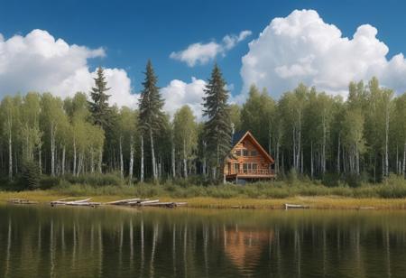 very realistic photograph of a diverse forest of deciduous trees (birch, aspen, maple) and conniferous trees (fir, pine, spruce) blue sky background with cumulus clouds and lake with a log cabin
