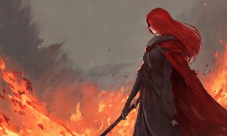 concept art malenia, 1girl, red hair 1girl, solo, long hair, dress, holding katana, red cloak, oil painting, wallpaper, burning battlefield in the background, standing, full body . digital artwork, illustrative, painterly, matte painting, highly detailed